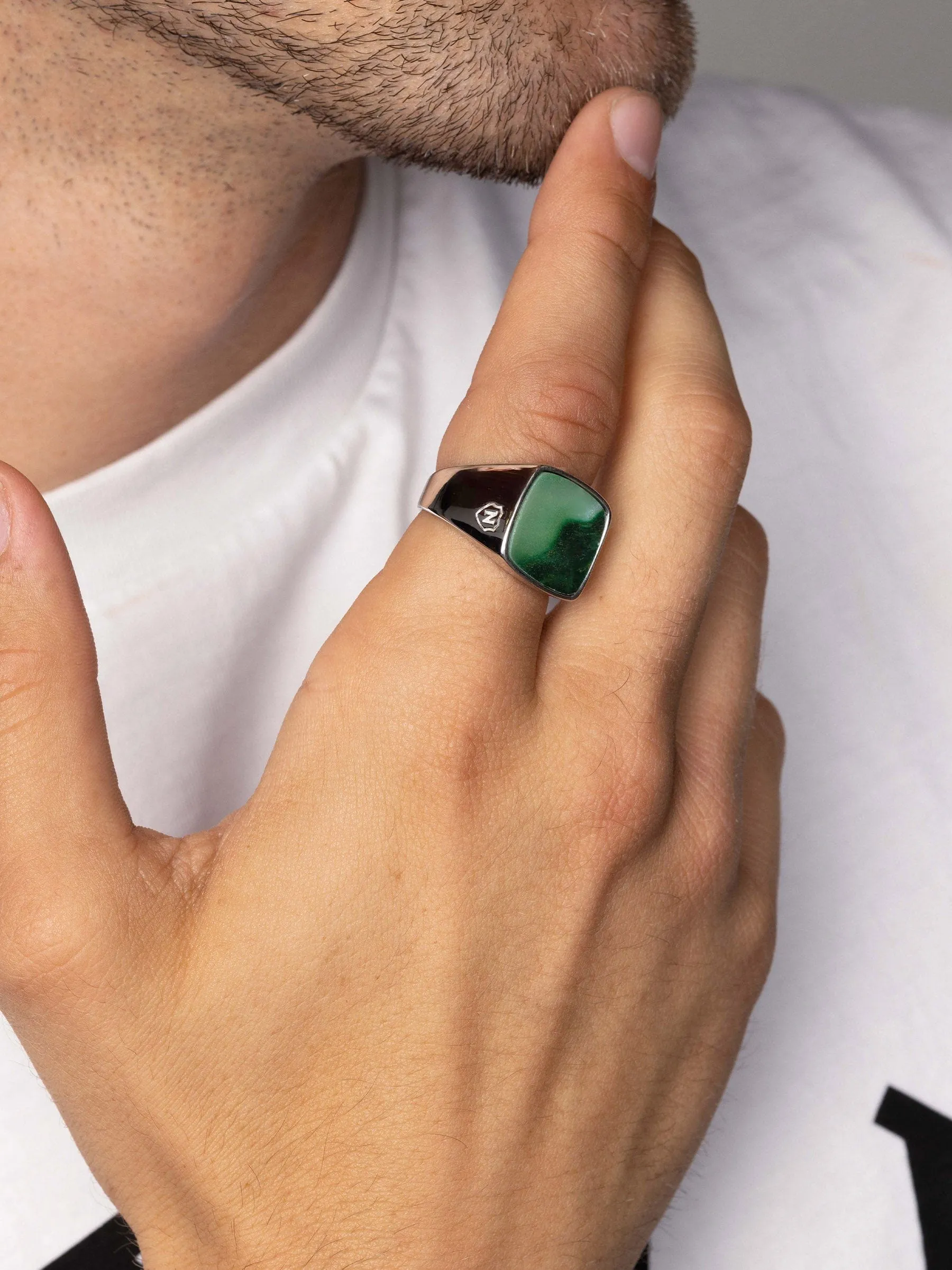 Men's Silver Signet Ring with Green Jade