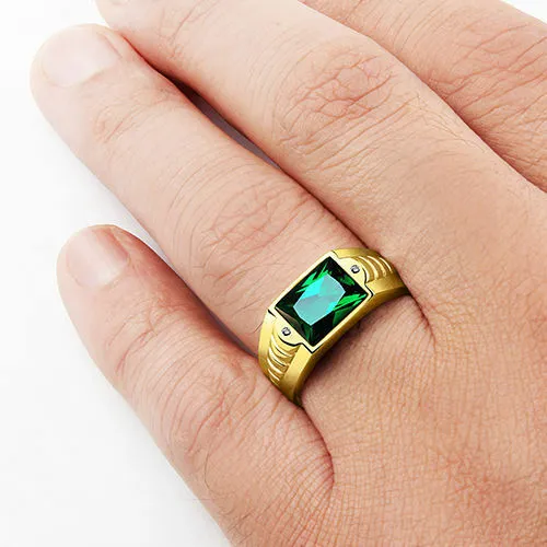 Men's Solid 18k Yellow Gold Green Emerald Gemstone Ring with 2 Diamond Accents