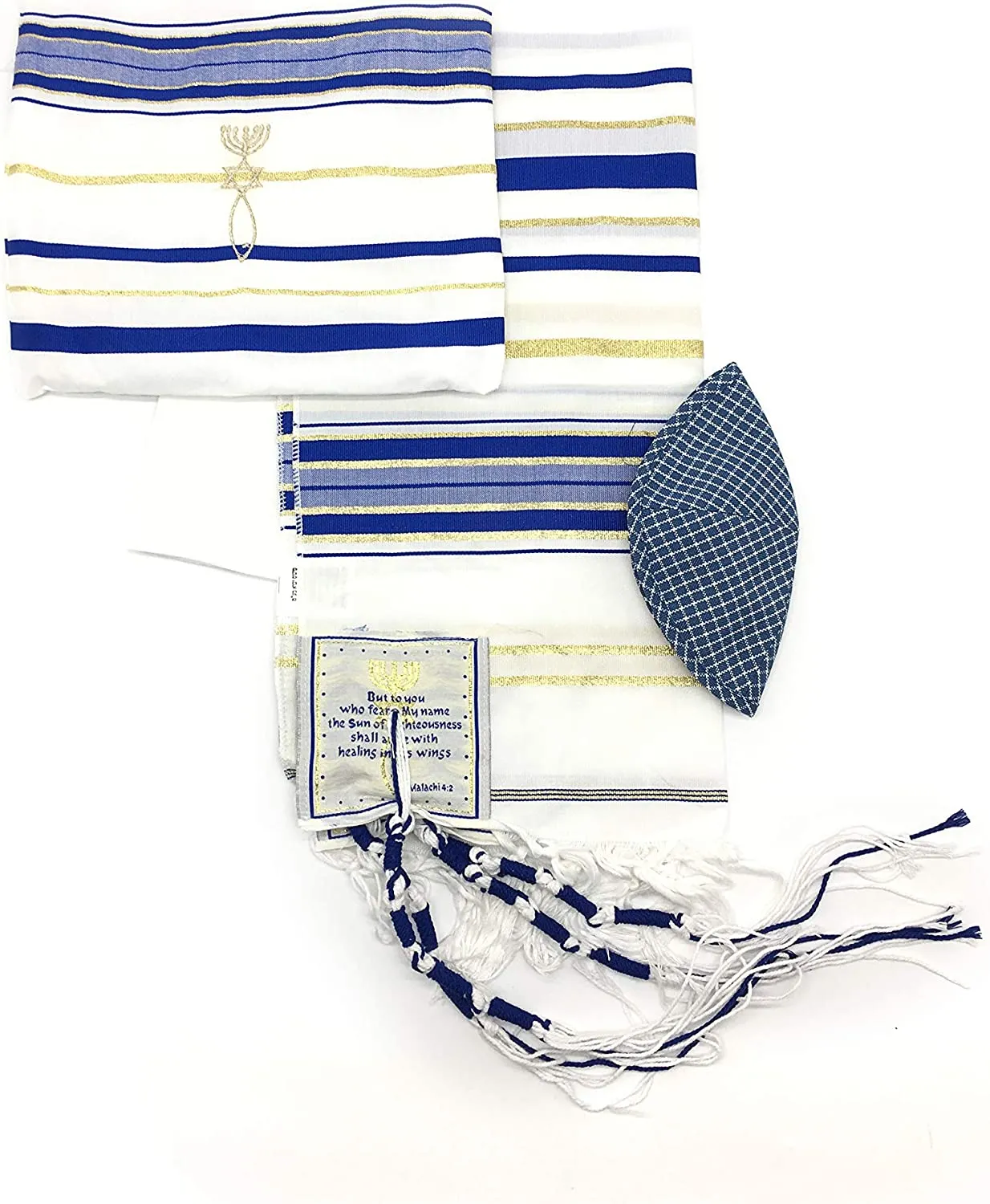 Messianic Tallit Prayer Shawl Covenant in English/Hebrew with Bag and Kippah