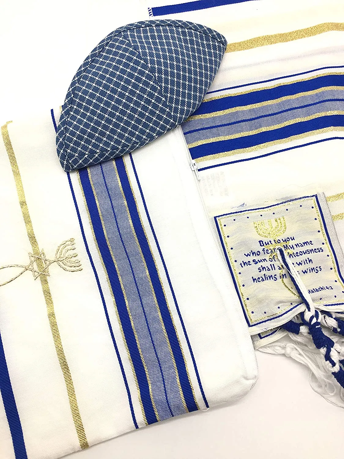 Messianic Tallit Prayer Shawl Covenant in English/Hebrew with Bag and Kippah