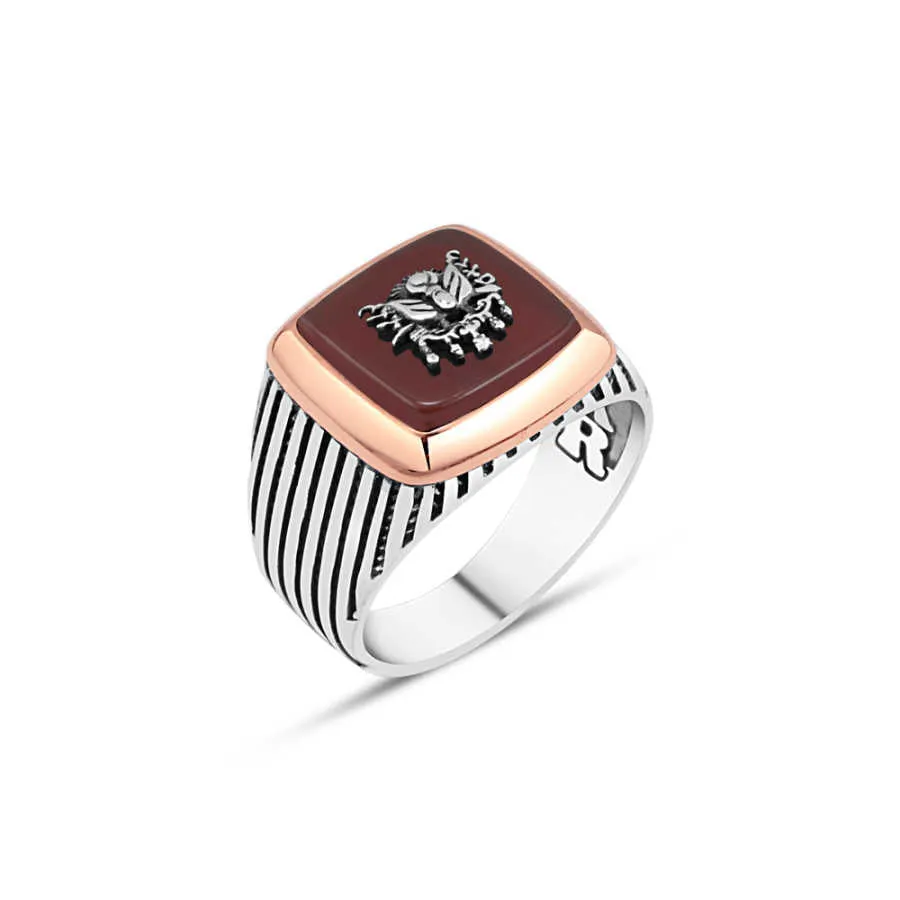 Ottoman State Coat of Arms on Red Square Agate Stone Silver Men's Ring with Stripe Pattern