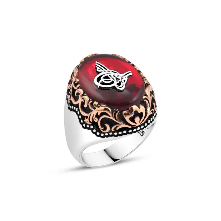 Ottoman Tughra on Red Ellipse Synthetic Amber Stone Silver Men’s Ring with Wavy Top Pattern