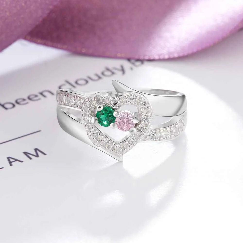 Personalized Mother's Ring 2 Birthstones 2 Names Paved Heart