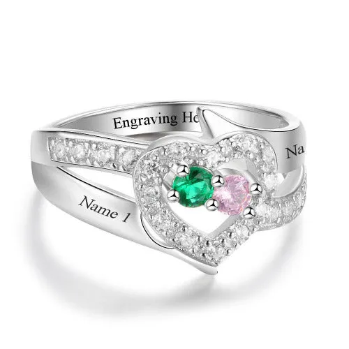 Personalized Mother's Ring 2 Birthstones 2 Names Paved Heart