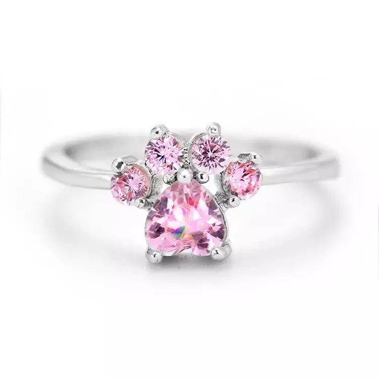 Pink Zircon Cat Paw Ring in Solid 925 Sterling Silver and 14K Gold Plating