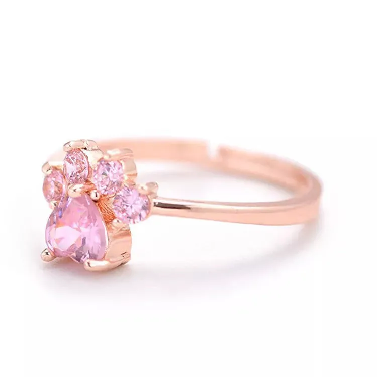 Pink Zircon Cat Paw Ring in Solid 925 Sterling Silver and 14K Gold Plating