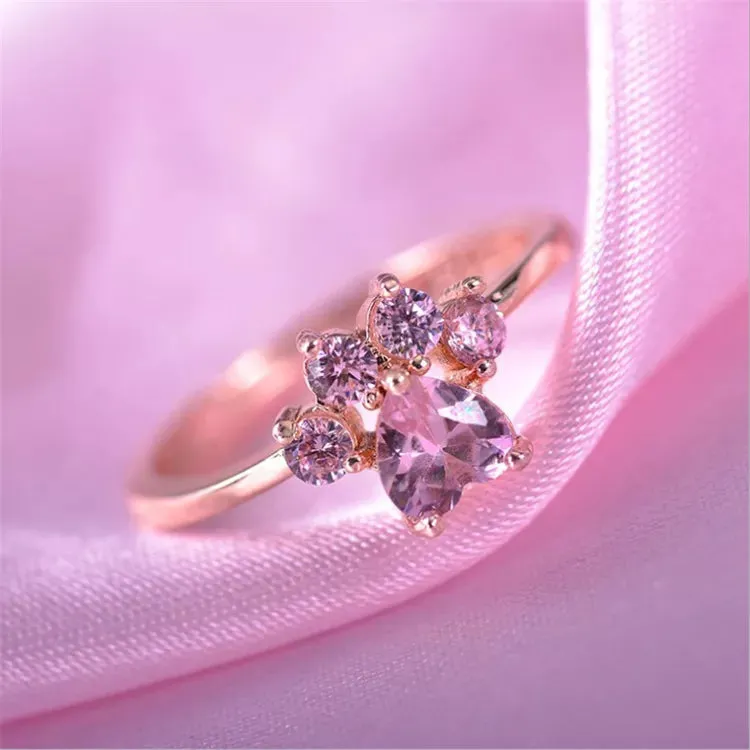 Pink Zircon Cat Paw Ring in Solid 925 Sterling Silver and 14K Gold Plating