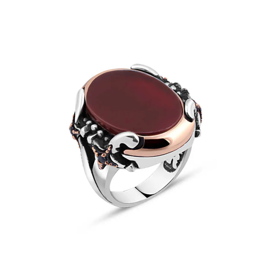 Plain Ellipse Red Agate Stone Silver Men's Ring Siding Double Sword