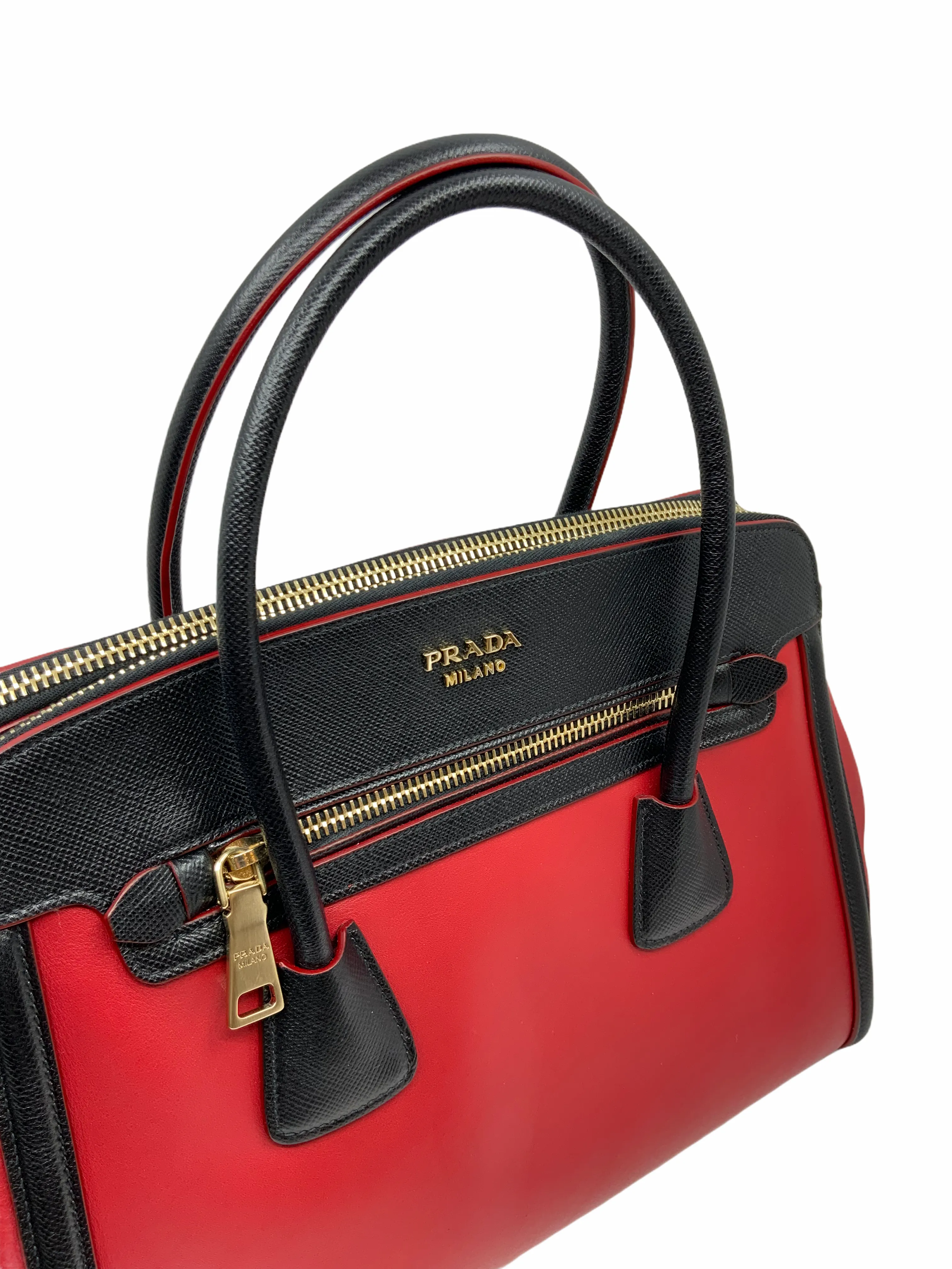 Prada Bi-Color Leather Front Zip Tote with Shoulder Strap