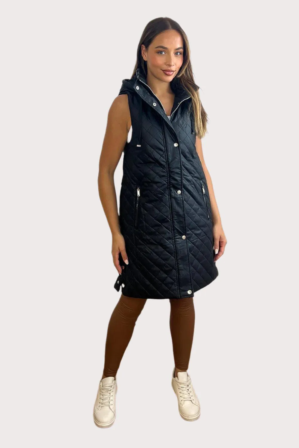 Quilted Leather Look Hooded Sleeveless Zip Waistcoat