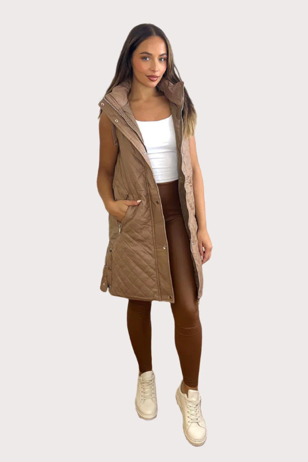 Quilted Leather Look Hooded Sleeveless Zip Waistcoat