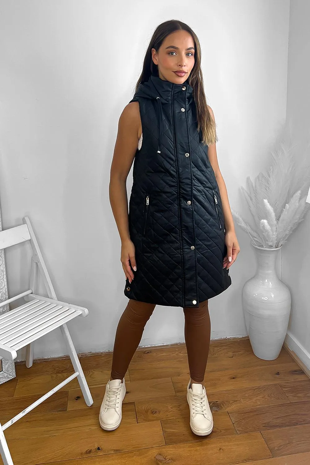 Quilted Leather Look Hooded Sleeveless Zip Waistcoat