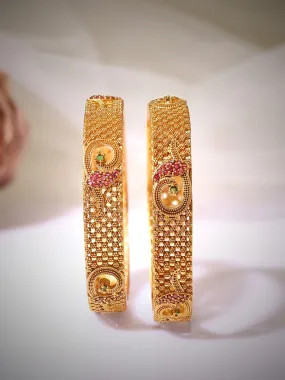 Rubans Set Of 2 Gold-Plated Red  Green Ruby  Stone-Studded Bangles