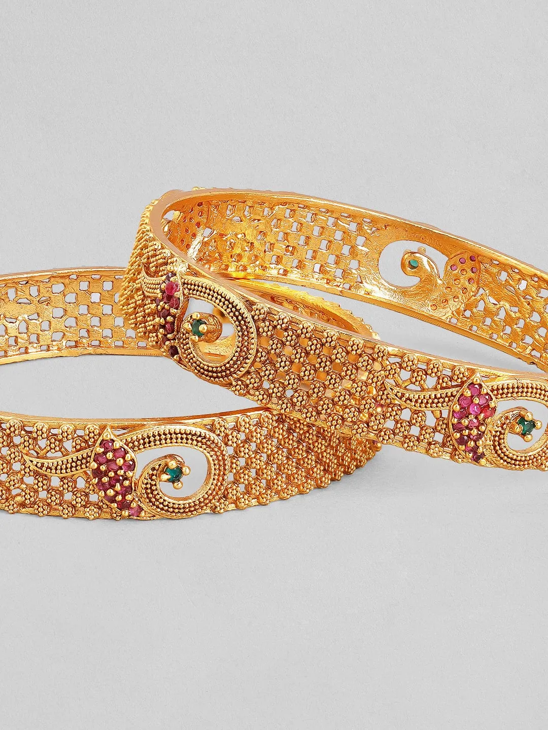 Rubans Set Of 2 Gold-Plated Red  Green Ruby  Stone-Studded Bangles