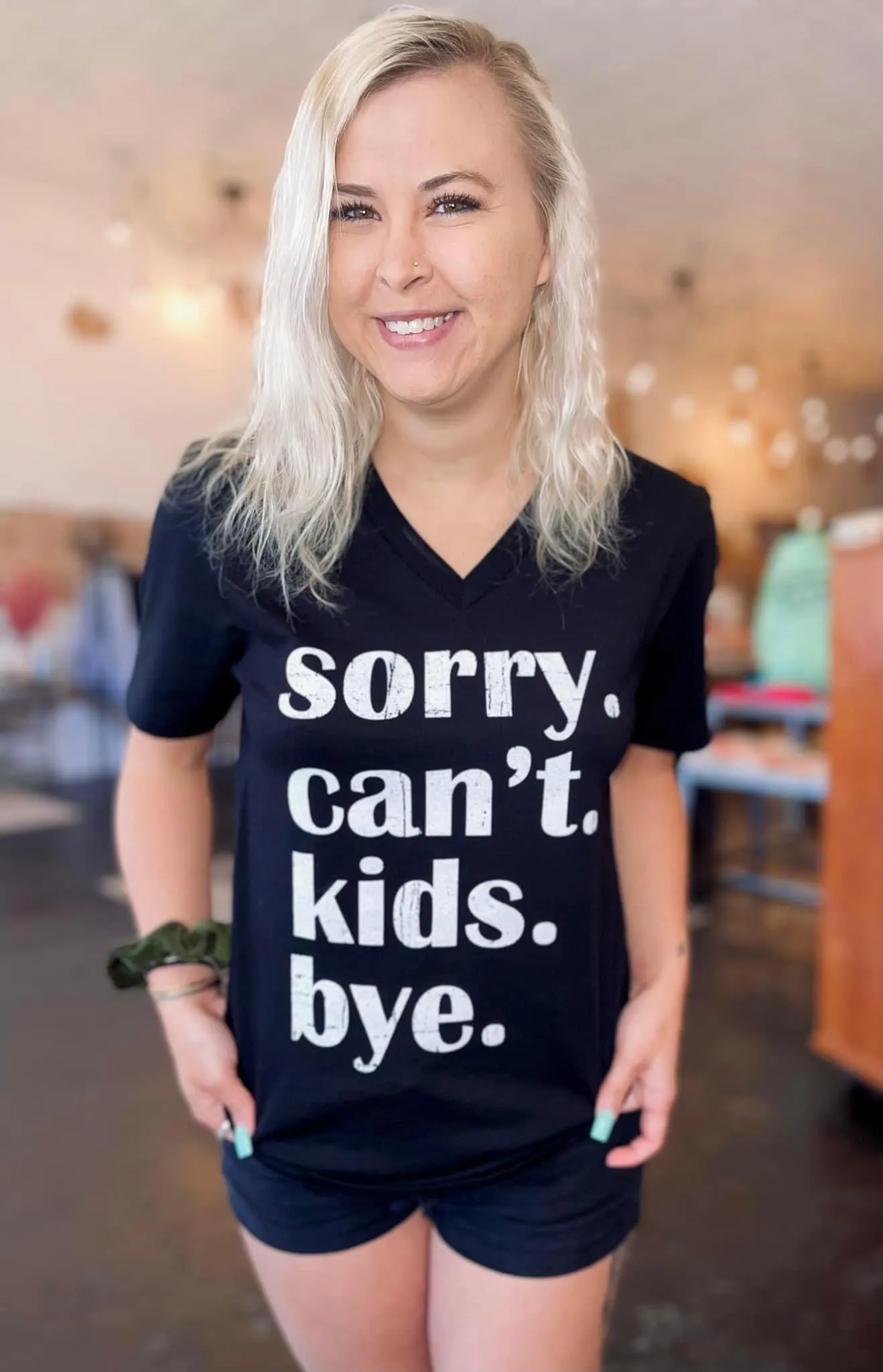 {SORRY. CAN'T. KIDS. BYE.} Black V-Neck Tee