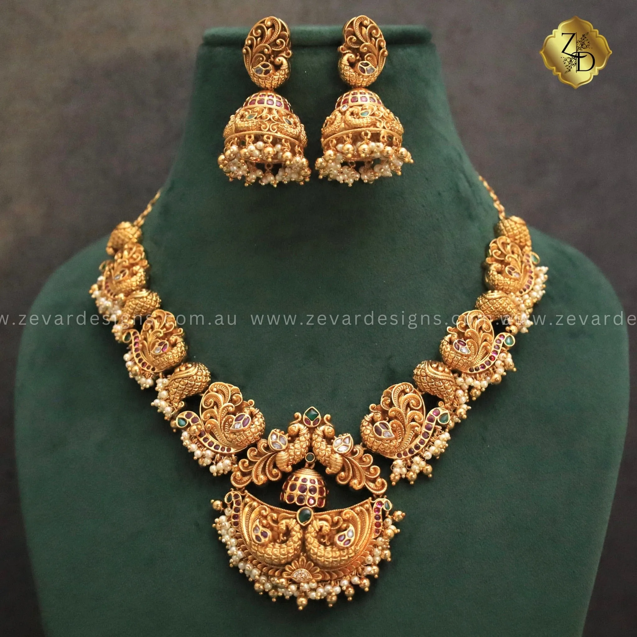 Temple Jadau South Indian Style Long Necklace Set with Jhumki