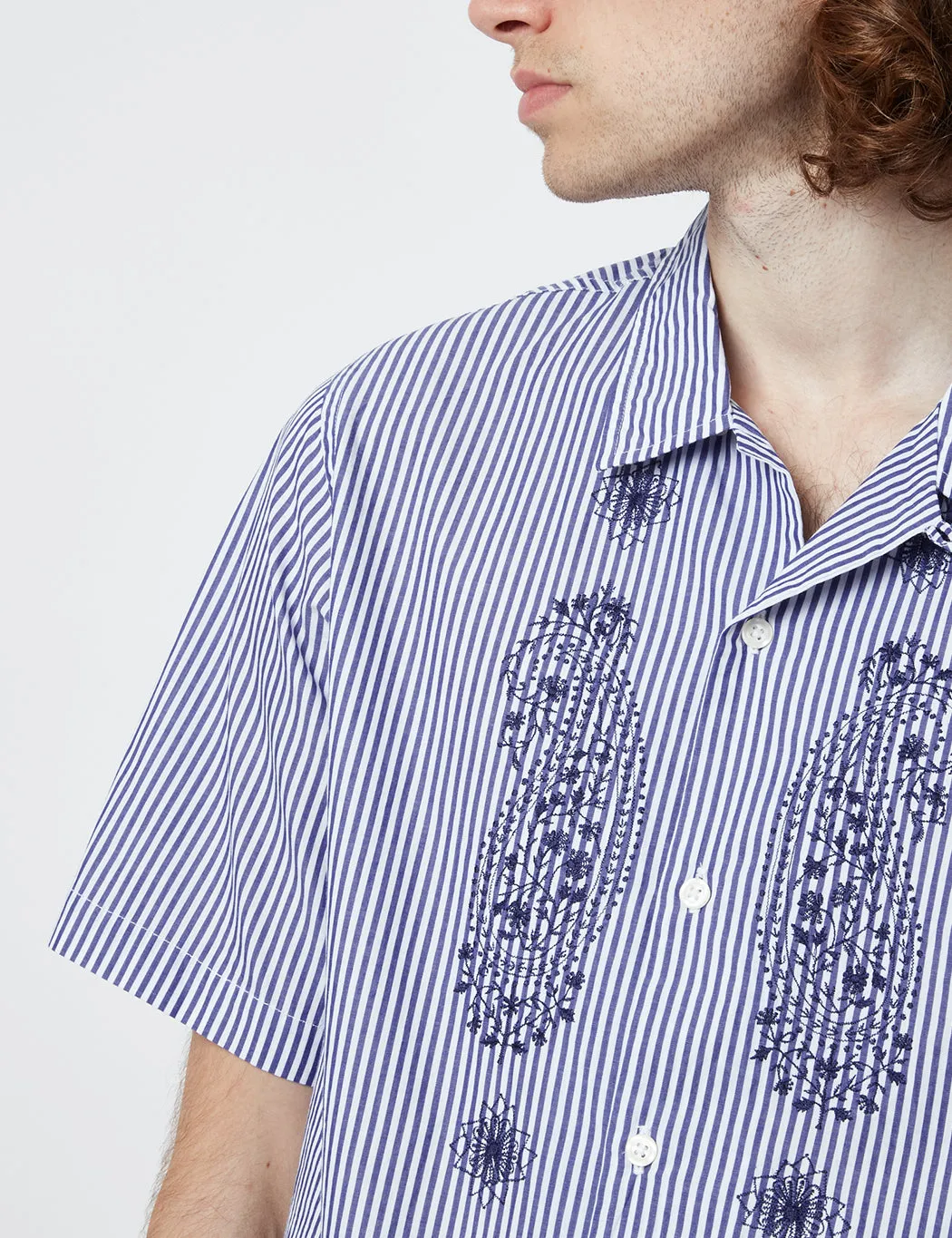 Universal Works Road Trip Shirt (Poplin Stripe) - Navy Blue/White