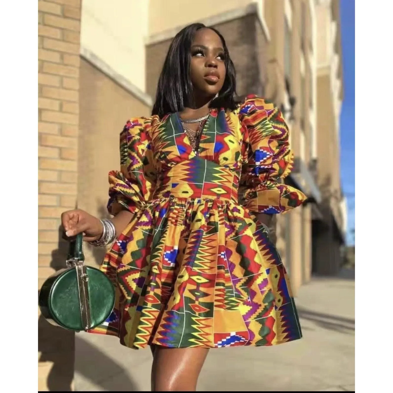 V-Neck Mini Ankara Dress