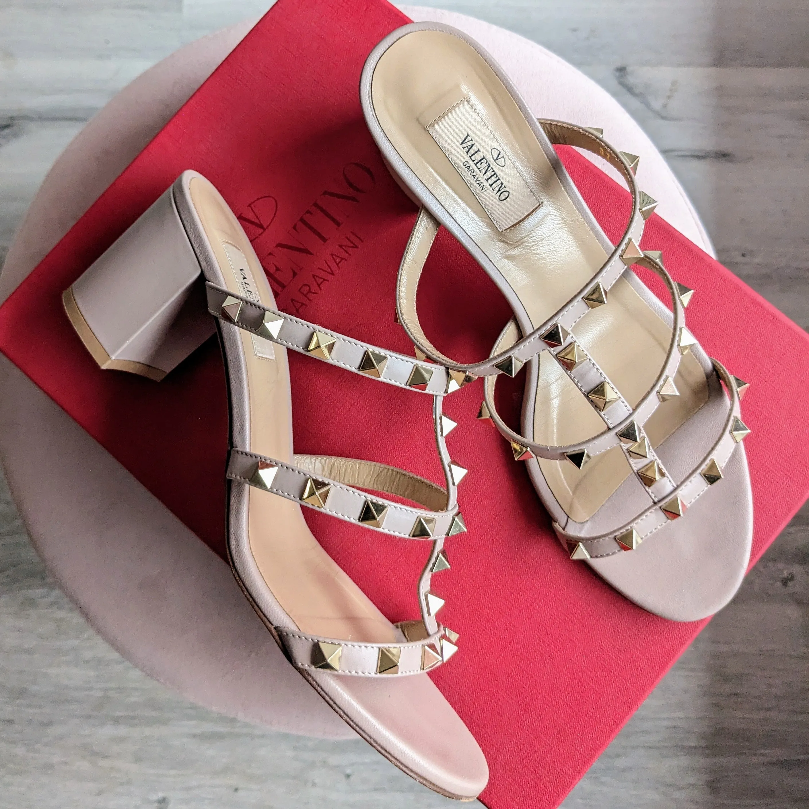 Valentino Light Taupe Rockstud Block Heel Mule Sandal - 39.5