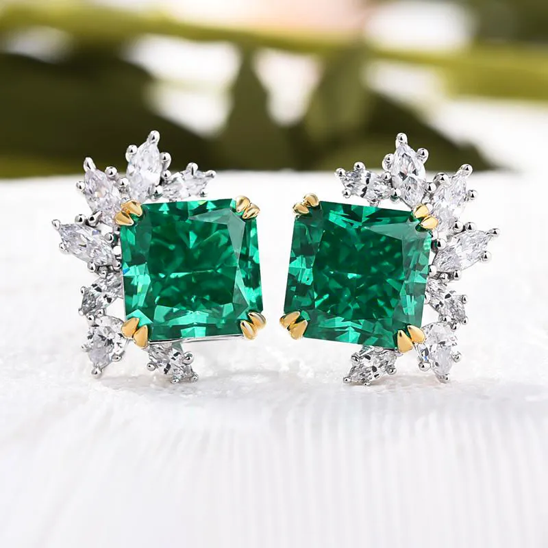 Vintage Princess Cut Emerald Engagement Ring/Radiant Cut Stud Earrings /Jewelry Set