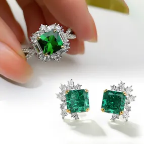 Vintage Princess Cut Emerald Engagement Ring/Radiant Cut Stud Earrings /Jewelry Set