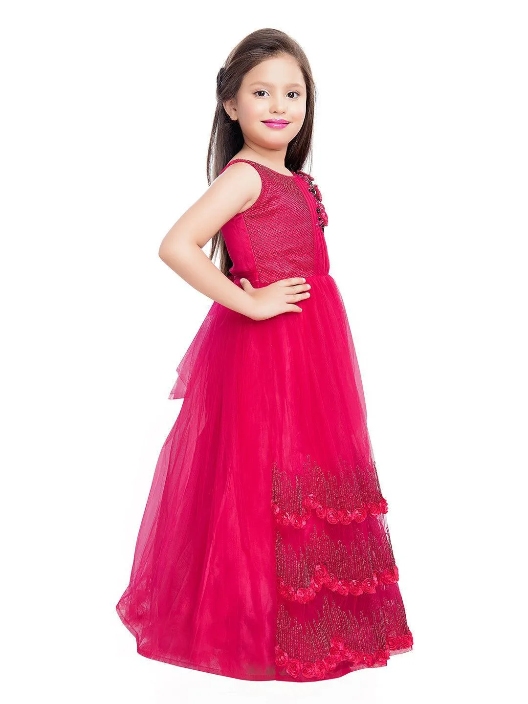 Wine Coloured Net Gown For Girls