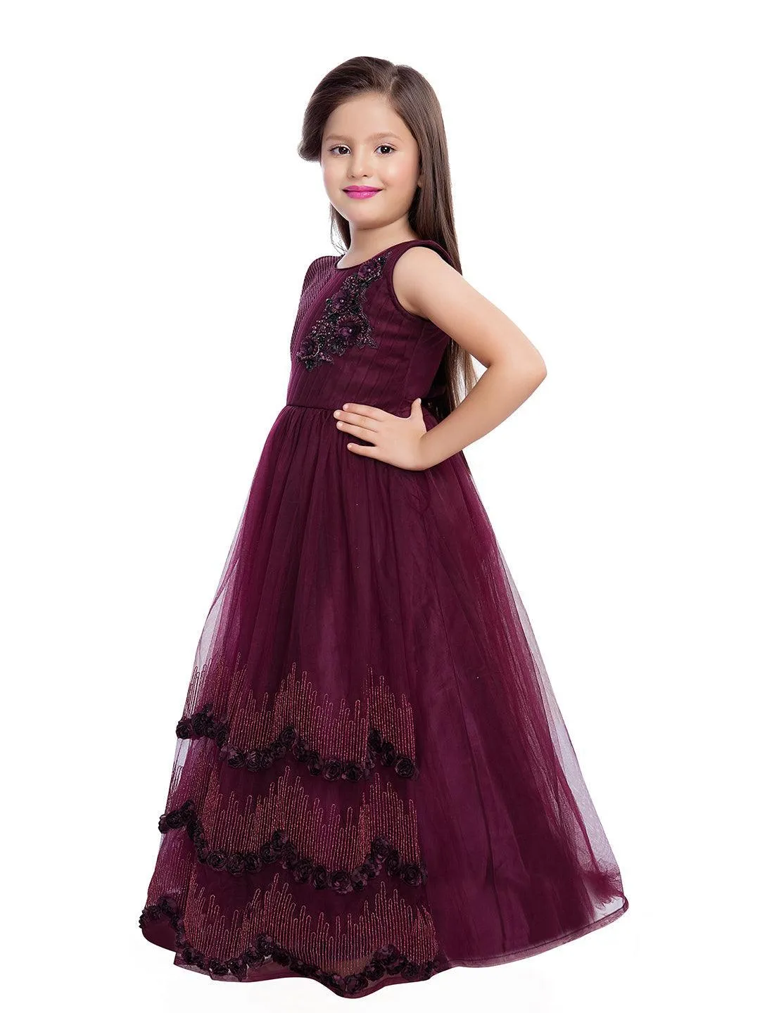 Wine Coloured Net Gown For Girls