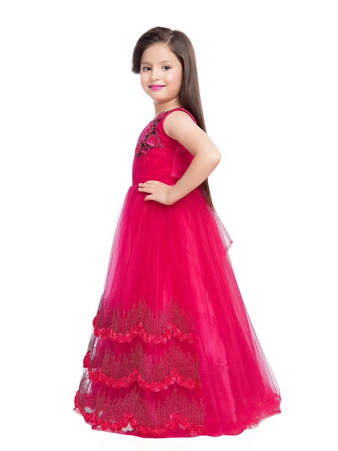 Wine Coloured Net Gown For Girls