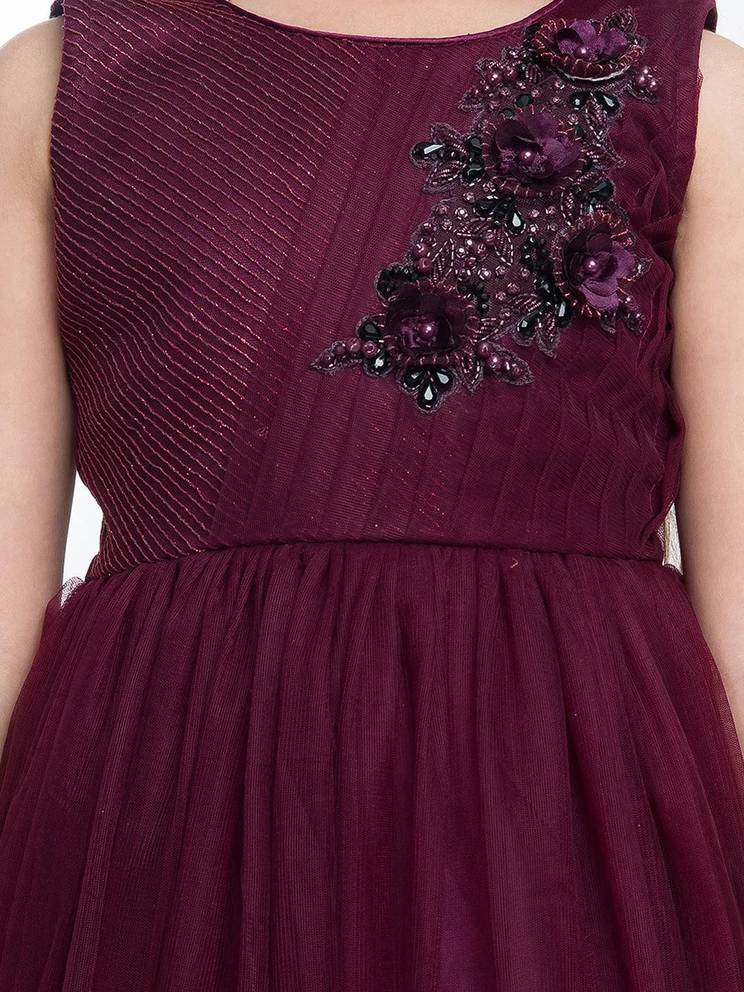 Wine Coloured Net Gown For Girls