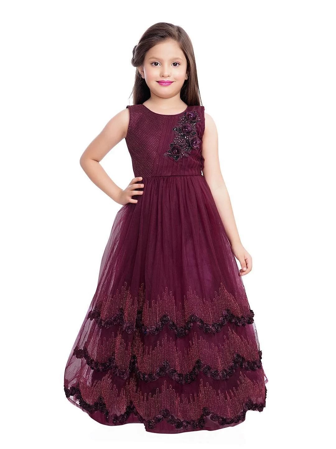 Wine Coloured Net Gown For Girls