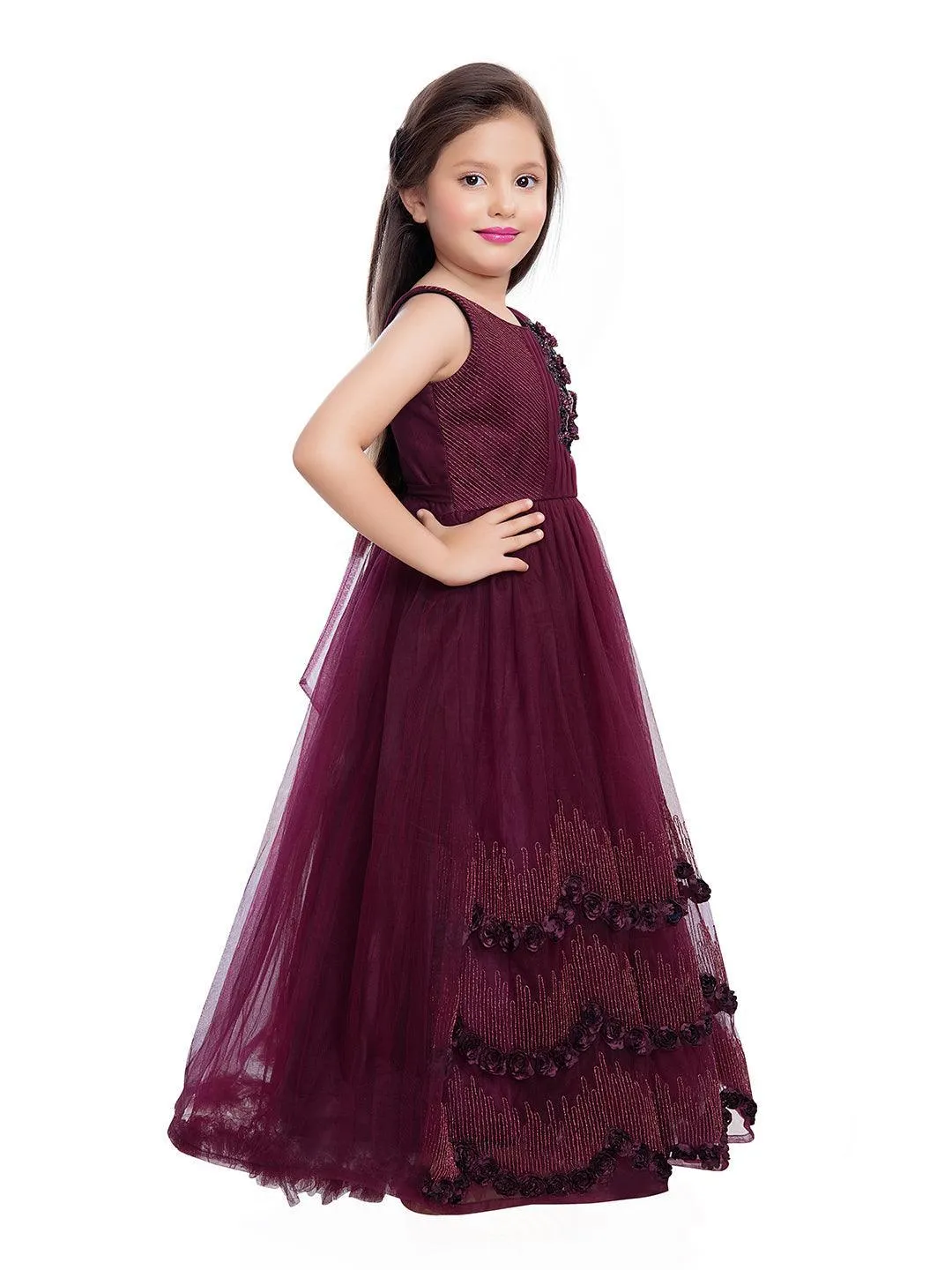 Wine Coloured Net Gown For Girls