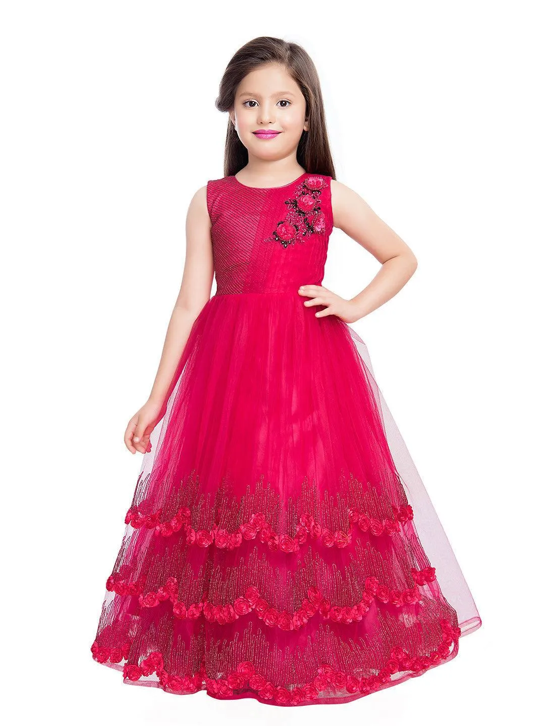 Wine Coloured Net Gown For Girls