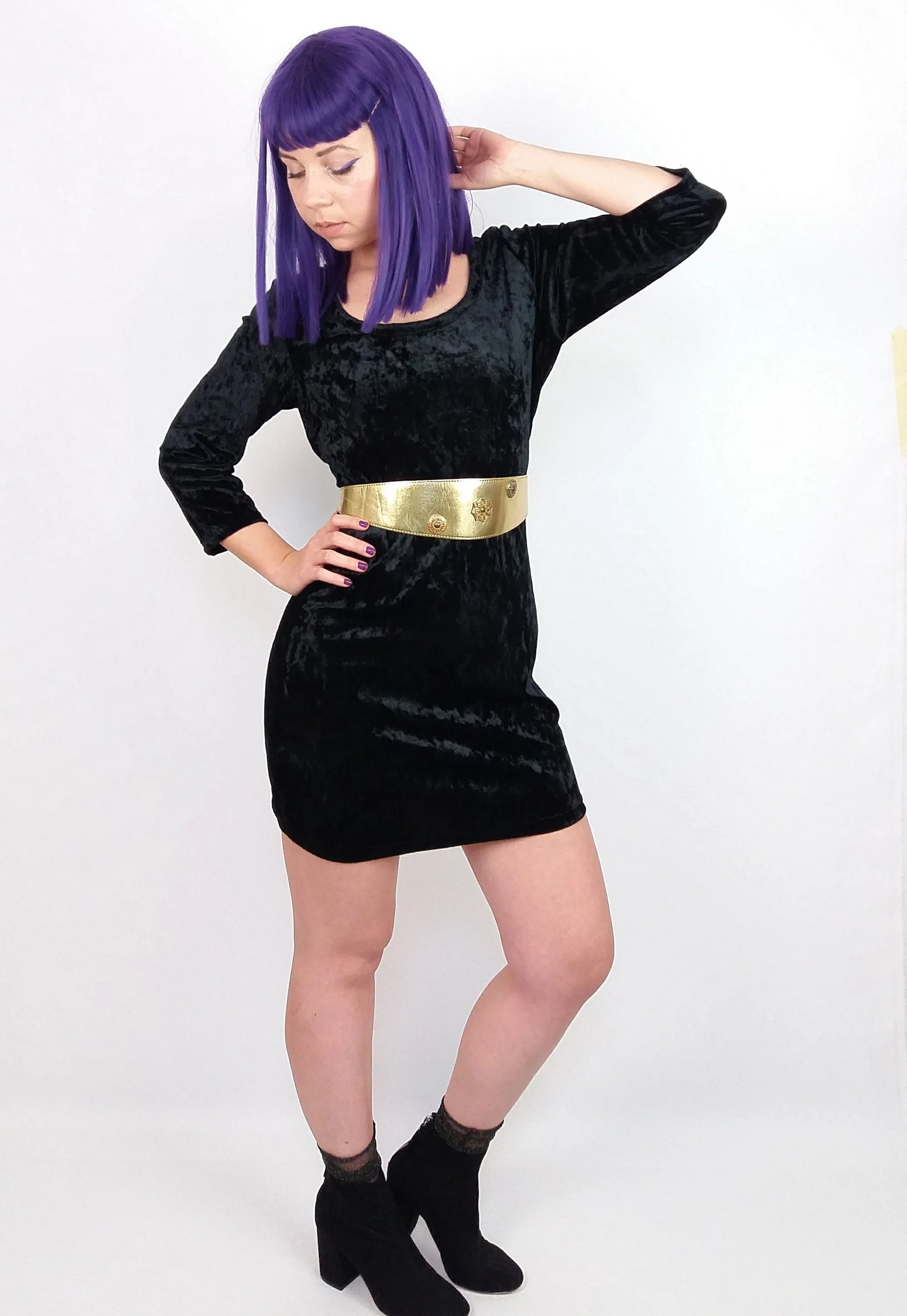 Y2K Black Velour Mini Dress Lace Back - size S-M